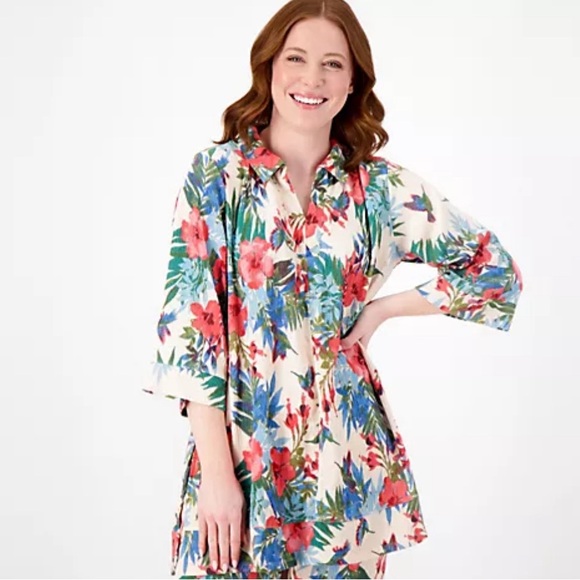 Cuddl Duds Crepe Knit Caftan Tunic Coastal Coral Floral Pink Size 1X - Picture 1 of 13